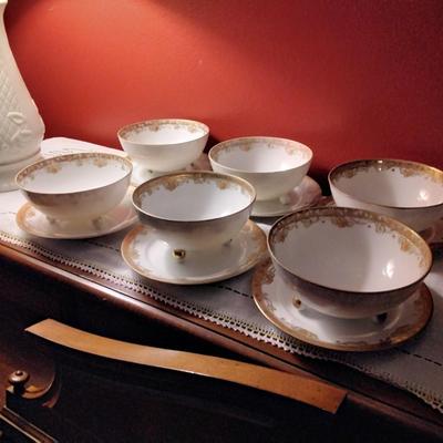 Nippon Bone China Three Footed Bowls & Saucers Set of 6 Circa 1910