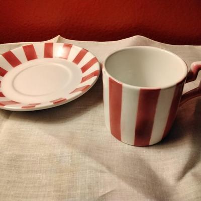Bonwit Teller Red White Stripe Porcelain Demitasse Espresso Cup And Saucer