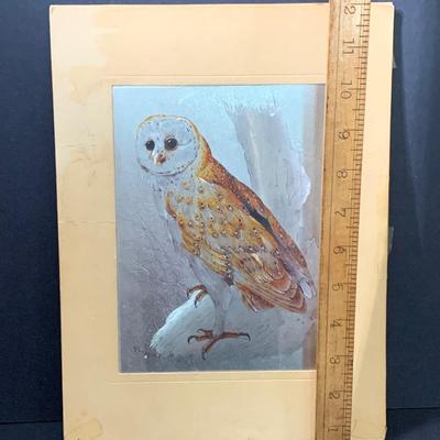 LOT 20: Vintage Foil Art Owl Prints,  Owl Figurine & Pottery Barn table Top Clock