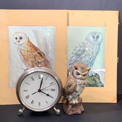 LOT 20: Vintage Foil Art Owl Prints,  Owl Figurine & Pottery Barn table Top Clock