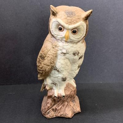 LOT 20: Vintage Foil Art Owl Prints,  Owl Figurine & Pottery Barn table Top Clock