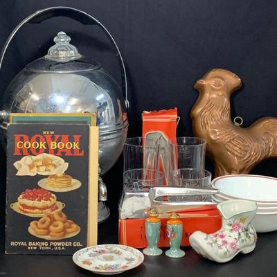 LOT 26R: MCM  La Belle Silver Co.,Coffee Pot, Tin/Copper Rooster, Occupied Japan Dish,Vintage Ice Cube Crusher & More