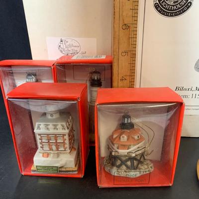 LOT 39R: Lefton Light House Collection: Ornaments, Music Box, Ornaments and  & Light up Lighthouse
