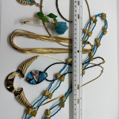 LOT 41: Vintage Multi Strand Gold Tone Necklace, Turquoise & Pearl Choker Necklace  & More