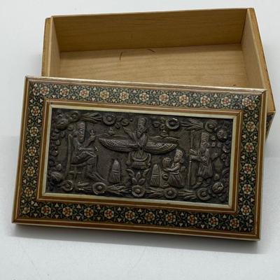 LOT 44: Vintage Wooden Trinket Box Along w/New In Package Sterling Necklace & 2 pair Earrings