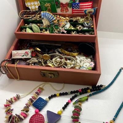 LOT 48: Jewelry Box Filled with Pins, Earrings, Watches, Necklaces and More