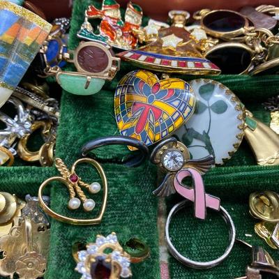LOT 48: Jewelry Box Filled with Pins, Earrings, Watches, Necklaces and More