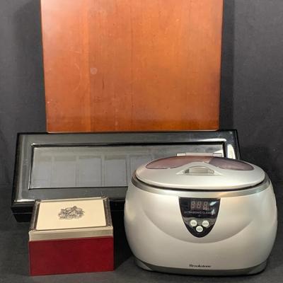 LOT 63R: Ultrasonic Jewelry Cleaner #CD-3800A, Bombay Co. Box, Watch/Bracket Box & Royal Limited Trinket Box