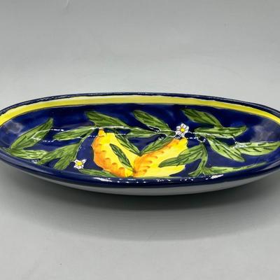 Hand Painted Oblong Serving Dish Cobalt with Yellow Lemons Tunisia