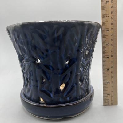 Dark Blue Bamboo Embossed Planter Pot