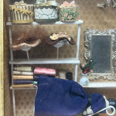 Vintage Framed Miniatures Victorian Hat Dress Shop Shadow Box