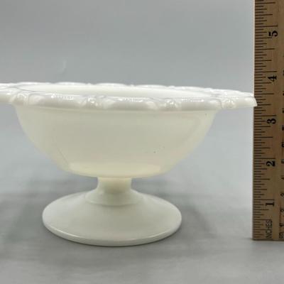 Vintage Milk Glass Pedestal Compote Candy Dish Open Lace Work Edge