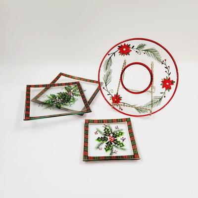 POINSETTIA GLASS DECORATIVE PLATES 3 PC
