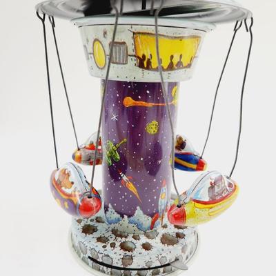 VINTAGE SCHYLLING SPINNING TIN SPACESHIP SPACE STATION CAROUSEL TOY - WORKS