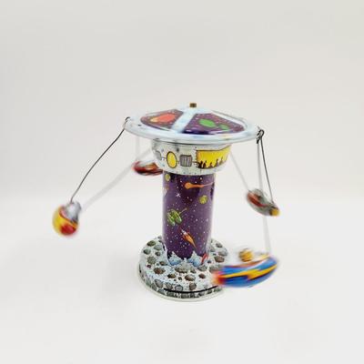 VINTAGE SCHYLLING SPINNING TIN SPACESHIP SPACE STATION CAROUSEL TOY - WORKS