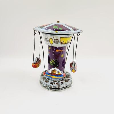 VINTAGE SCHYLLING SPINNING TIN SPACESHIP SPACE STATION CAROUSEL TOY - WORKS