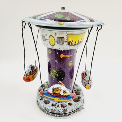 VINTAGE SCHYLLING SPINNING TIN SPACESHIP SPACE STATION CAROUSEL TOY - WORKS