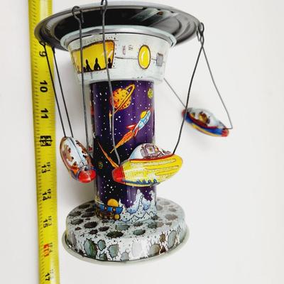 VINTAGE SCHYLLING SPINNING TIN SPACESHIP SPACE STATION CAROUSEL TOY - WORKS