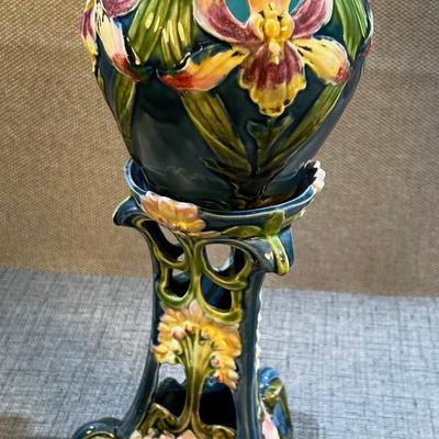 Antique Majolica Iris Planter with Pedestal 
