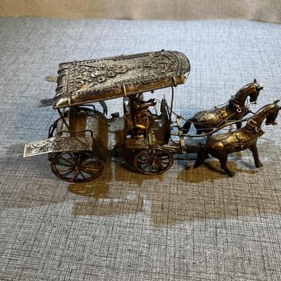 Hand Crafted Silver Carriage With Driver and 2 Horses