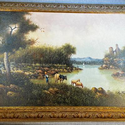 Framed Art Print of Pastoral Scene pond with Farmer & Cow