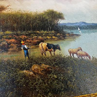 Framed Art Print of Pastoral Scene pond with Farmer & Cow