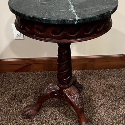 Green Marble Top Round Lamp Table Carved Mahogany Base. 