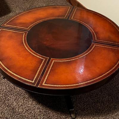 Coffee Table Large Round Leather Top Duncan Fife Style, Top Spins by Stickley Brothers. 