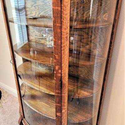 Lot #132 Antique Oak Curved Glass China Cabinet w/key