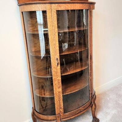 Lot #132 Antique Oak Curved Glass China Cabinet w/key