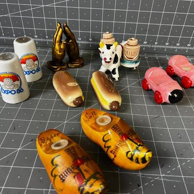 6 Sets of Vintage Salt & Peppers Hot Dogs, Praying Hands, Wooden Shoes 