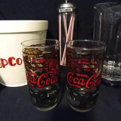 CERAMIC POPCORN BUCKET-VINTAGE COKE GLASSES-STRAW HOLDER-GLASS COSTERS MORE