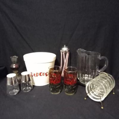 CERAMIC POPCORN BUCKET-VINTAGE COKE GLASSES-STRAW HOLDER-GLASS COSTERS MORE
