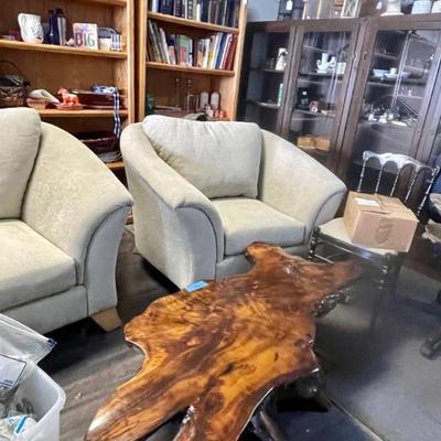 Oversized chairs just recovered  / burl wood tables 