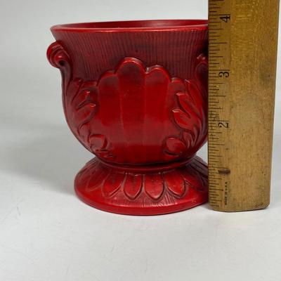 Hand Painted HF Co. Japan Bright Red Scrolled Leaf Edge Pillar Style Candle Holder Base