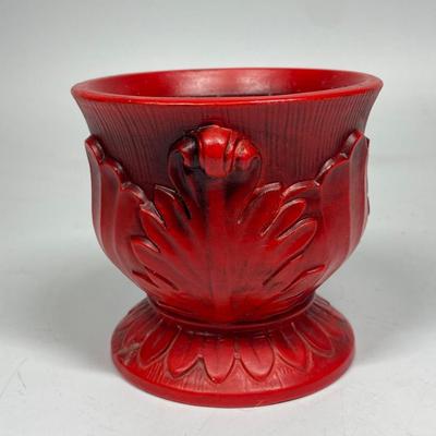 Hand Painted HF Co. Japan Bright Red Scrolled Leaf Edge Pillar Style Candle Holder Base