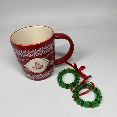 Hallmark Red & White Be Merry Holiday Christmas Coffee Cocoa Tea Mug Cup with Beaded Wreath Ornaments