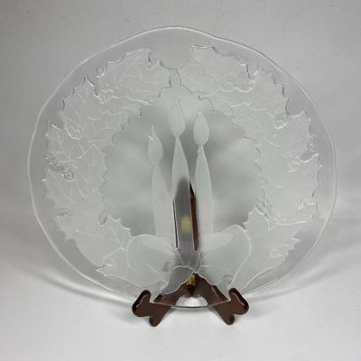 Large Frosted Glass Holiday Wreath & Candles Embossed Glass Serving Plate