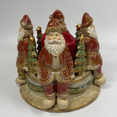 Ceramic Sitting Santa Claus & Christmas Trees Pillar Style Candle Holder Base