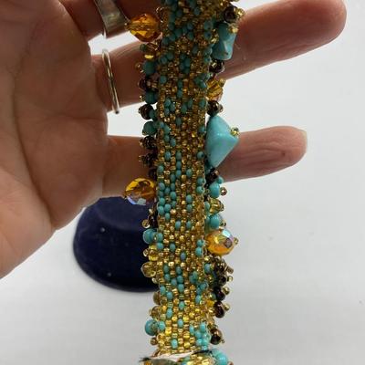 Hand Made Gold Microbead & Turquoise Beaded Bracelet