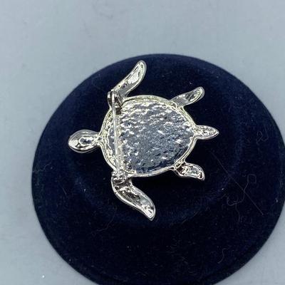 Silver Tone Rhinestone and Lucite Sea Turtle Pin Brooch
