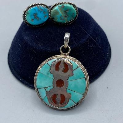 Southwestern Turquoise Button Earrings & Inlay Circle Pendant