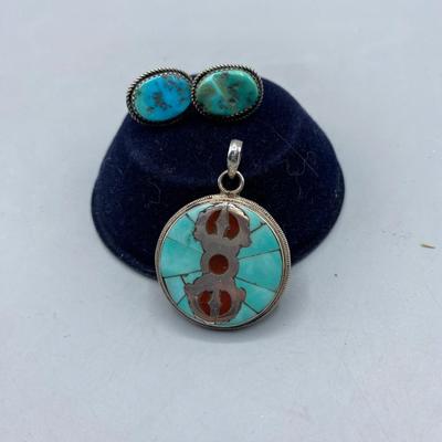 Southwestern Turquoise Button Earrings & Inlay Circle Pendant
