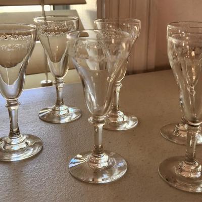 Lot #207  Vintage Acid Etched Wine and Cordial Glasses