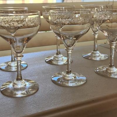 Lot #207  Vintage Acid Etched Wine and Cordial Glasses