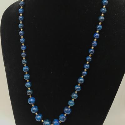 Beautiful Blue Marble Swirl Necklace with Gold Bead Accent Vintage