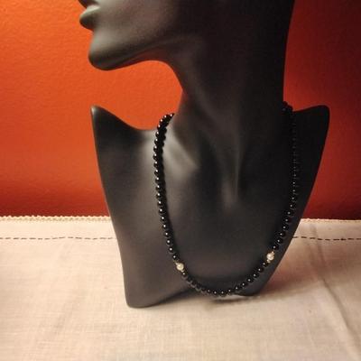 IPS Onyx and Pearl Necklace 14K Beads and Clasp