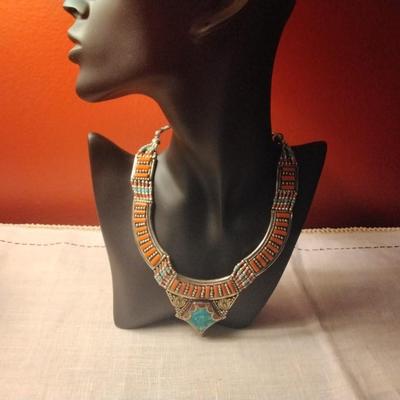 Vintage 30.00ctw Green/Red Turquoise & Carnelian Gold Vermeil Necklace 99.7g