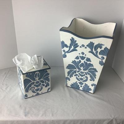 Lot. 8324. Blue and White Waste Paper Basket with matching TIssue Box