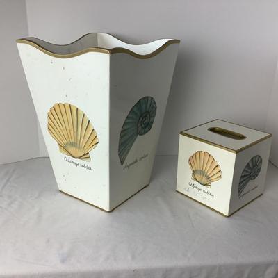 Lot. 8325. White, Blue and Yellow Shell Waste Paper Basket with matching Tissue  Box